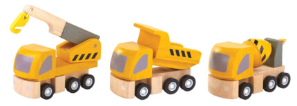 PlanToys Highway Maintenance – Wooden Vehicle Set with Cement Mixer, Mobile Crane and Dumper Truck for Kids