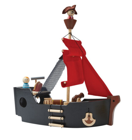 PlanToys Pirate Ship Playset – Pirate Figurines, Mast, Sail, Treasure Chest, Cannon, Anchor and Small Boat with Paddle for Ki