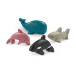 PlanToys Sea Life Set – 4 Wooden Marine Animals: Dolphin, Orca, Whale and Shark, Rubberwood Toy for Toddlers