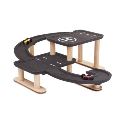 PlanToys Race N Play – Wooden Parking Garage with 2 Floors, 2 Racing Cars, Helicopter Platform and Chalk Surfaces