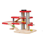 PlanToys Parking Garage – 3 Floor Wooden Play Set with Elevator Tower, Helipad and Charging Station, Ages 3+