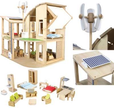 PlanToys Green Dollhouse with Furniture – Eco-Friendly Wooden Dollhouse with Wind Turbine, Solar Panel, Rubberwood - view 2