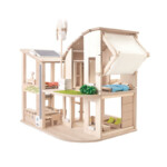 PlanToys Green Dollhouse with Furniture – Eco-Friendly Wooden Dollhouse with Wind Turbine, Solar Panel, Rubberwood