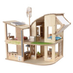 PlanToys Green Dollhouse with Furniture – Eco-Friendly Wooden Dollhouse with Wind Turbine, Solar Panel, Rubberwood - view 4