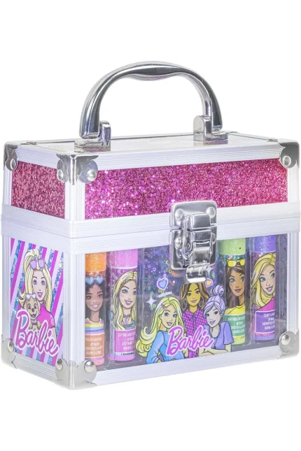 Townley Girl Barbie 4-Pack Shimmery Lip Balm Set with Mini Train Case – Watermelon, Cotton Candy, Peach, Grape, Ages 3+
