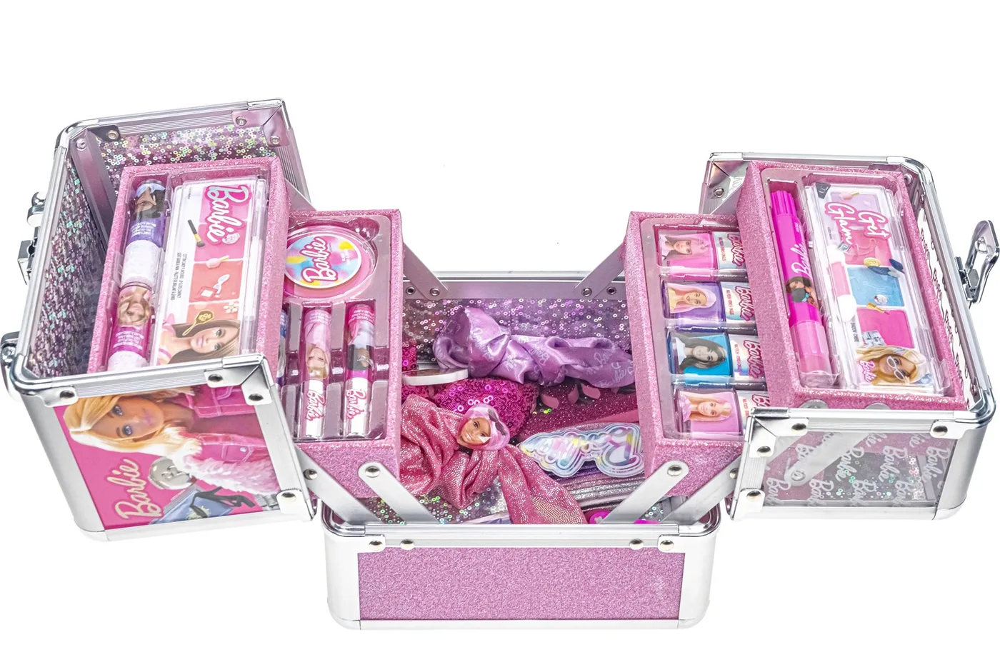 BB0450GG_4.webp Townley Girl Barbie Cosmetic Mega Set with 4-Tier Luxe Train Case – Eyeshadow, Blush, Lip Gloss, Hair Chalk, Ages 8+ - view 1