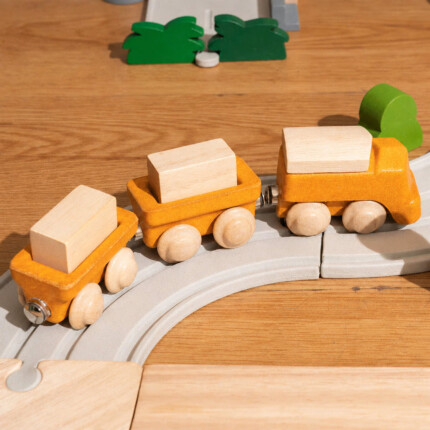 PlanToys Cargo Train – 3 Magnetic Connecting Wooden Trains with Cargo Slots, Brown and Yellow for Kids - view 2