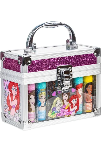 Townley Girl Disney Princess 4-Pack Lip Balm Set with Mini Train Case – Watermelon, Bubble Gum, Strawberry, Blueberry, Ages 3