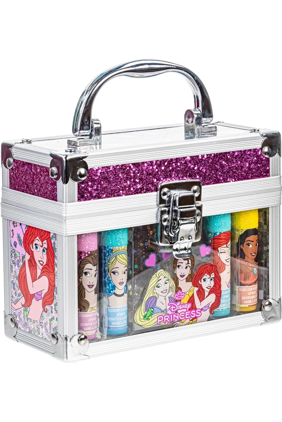 DP5375GG_1.webp Townley Girl Disney Princess 4-Pack Lip Balm Set with Mini Train Case – Watermelon, Bubble Gum, Strawberry, Blueberry, Ages 3