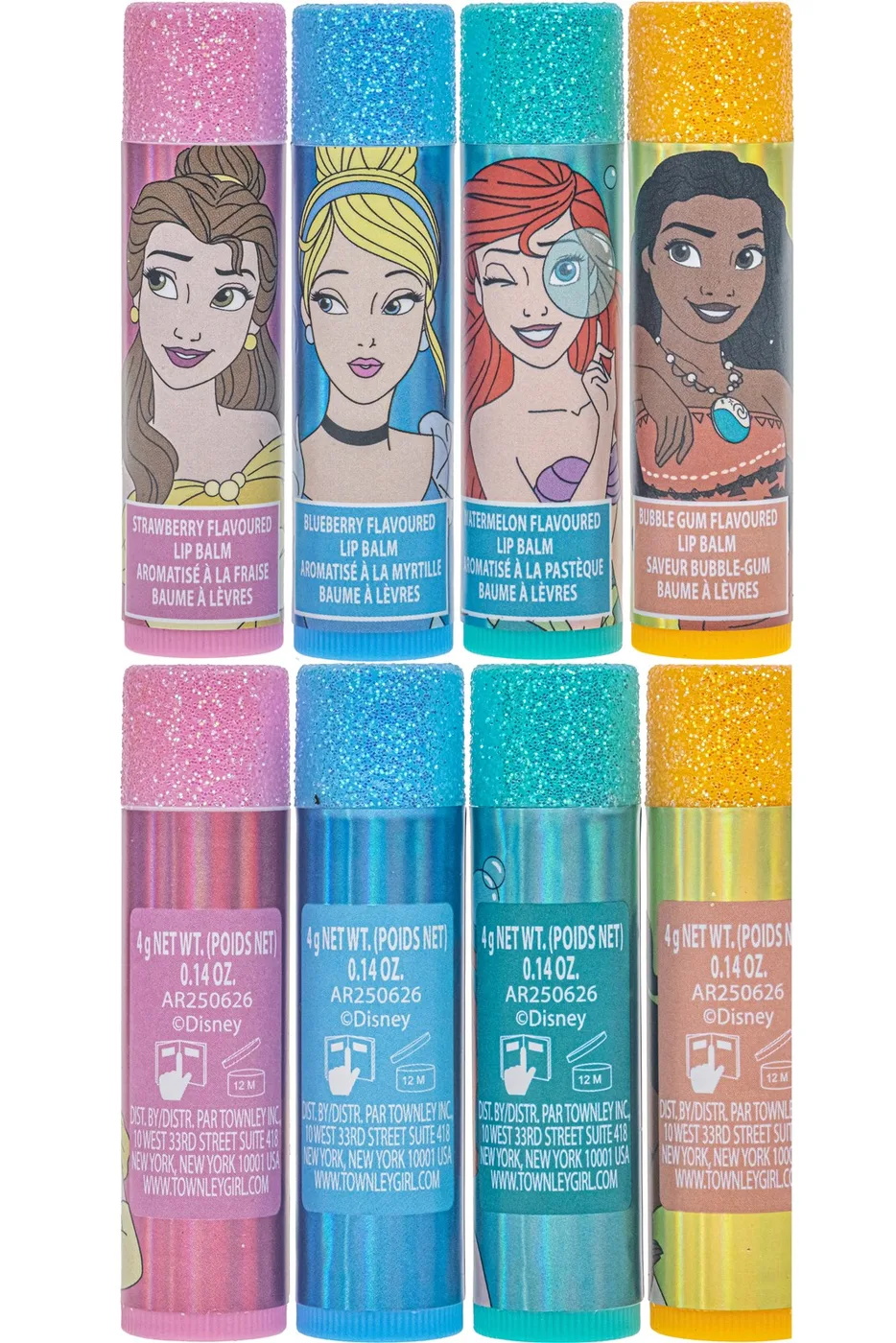 DP5375GG_3.webp Townley Girl Disney Princess 4-Pack Lip Balm Set with Mini Train Case – Watermelon, Bubble Gum, Strawberry, Blueberry, Ages 3