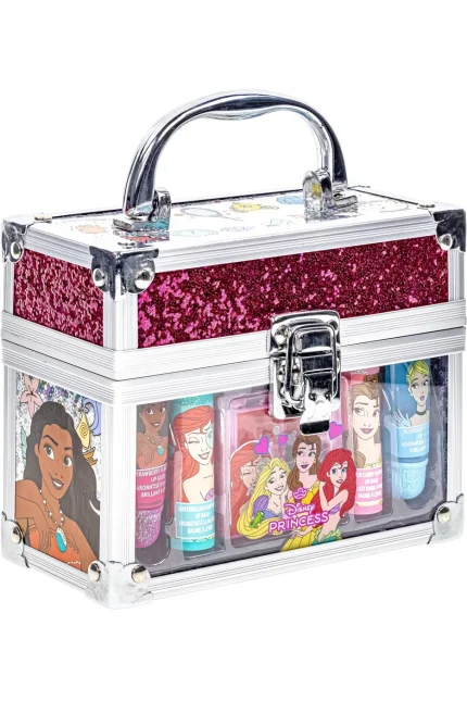 Townley Girl Disney Princess Lip Set with Mini Train Cosmetic Case – 2 Lip Balms, 2 Lip Glosses, 4-Well Compact, Ages 3+