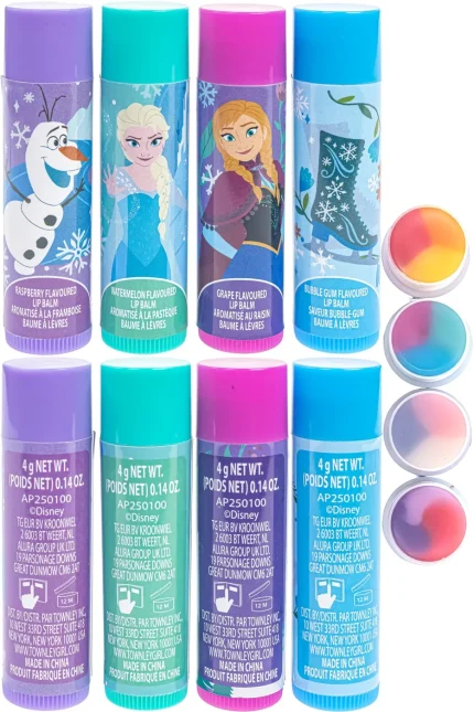 Townley Girl Disney Frozen 4-Pack Swirl Lip Balm Set with Shaped Tin – Bubble Gum, Watermelon, Grape, Raspberry, Ages 3+ - vi