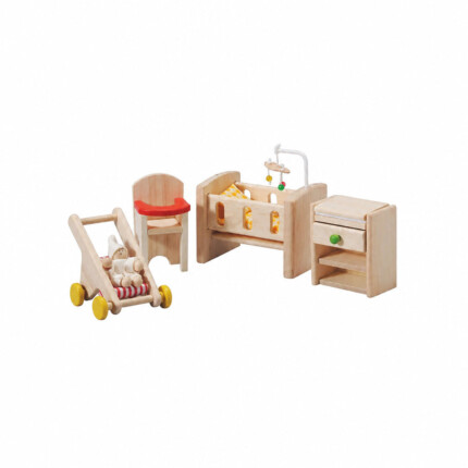 PlanToys Nursery – Dollhouse Nursery Furniture Set with Crib, Mobile, High Chair, Stroller, Drawer Chest and Baby - view 2