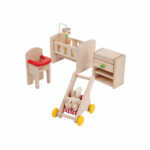 PlanToys Nursery – Dollhouse Nursery Furniture Set with Crib, Mobile, High Chair, Stroller, Drawer Chest and Baby