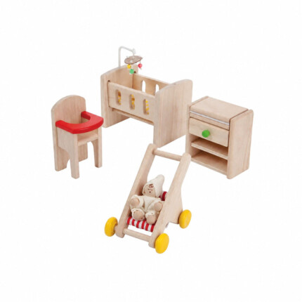 PlanToys Nursery – Dollhouse Nursery Furniture Set with Crib, Mobile, High Chair, Stroller, Drawer Chest and Baby