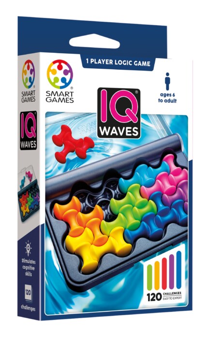 SmartGames IQ Waves – Compact Packing Puzzle Game with 120 Challenges and Soft-Touch Pieces for Kids