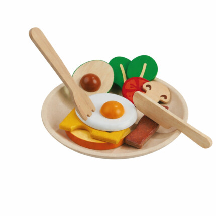 PlanToys Breakfast Set – Wooden Pretend Play Food Set with Plate, Silverware, Egg and Bacon for Kids