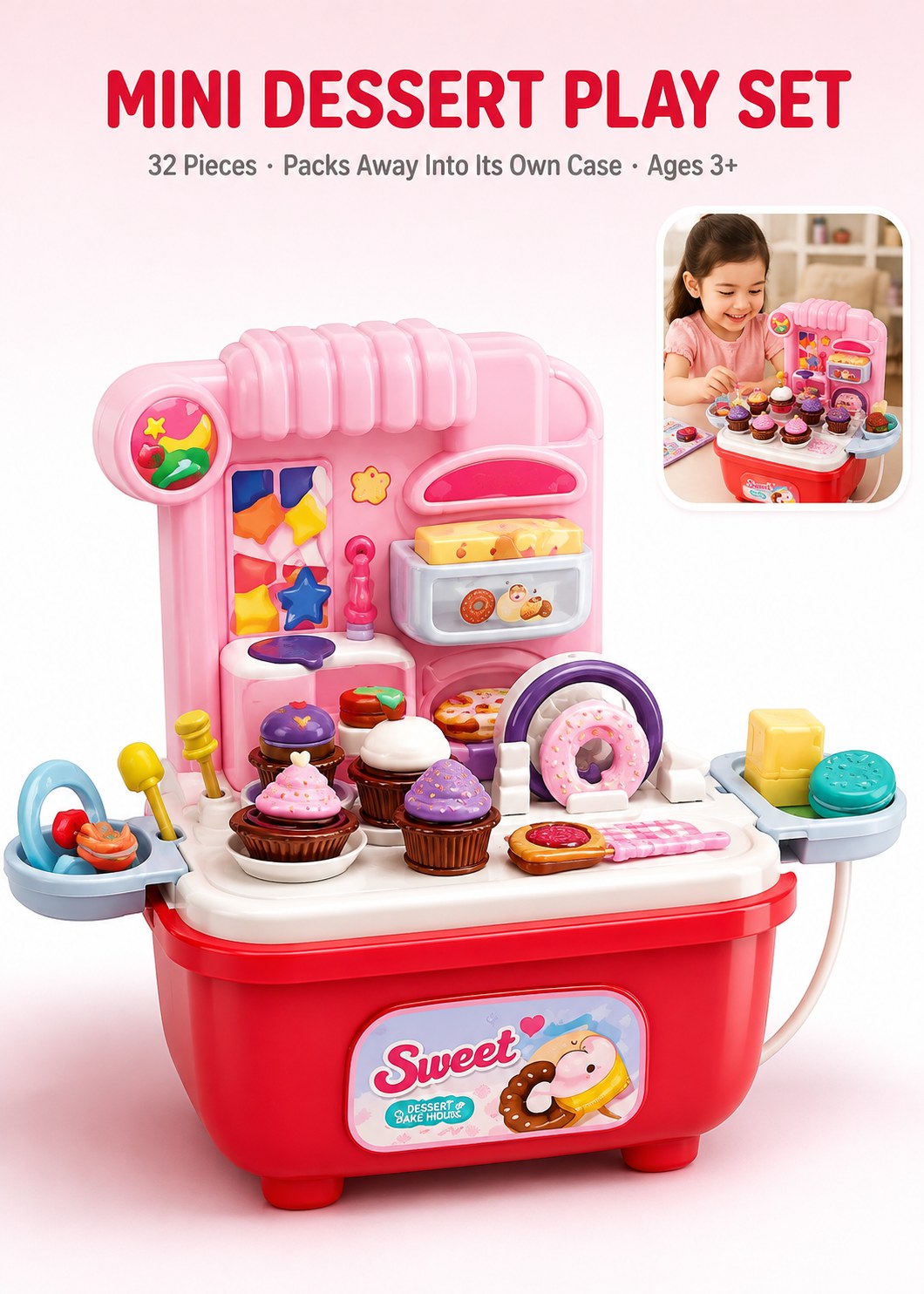 baking32_1 SARAOONT 32 Piece Mini Dessert Bakery Playset – Pretend Play Cupcakes, Donuts, Ice Cream and Cake Stand with Carry Case, Ages