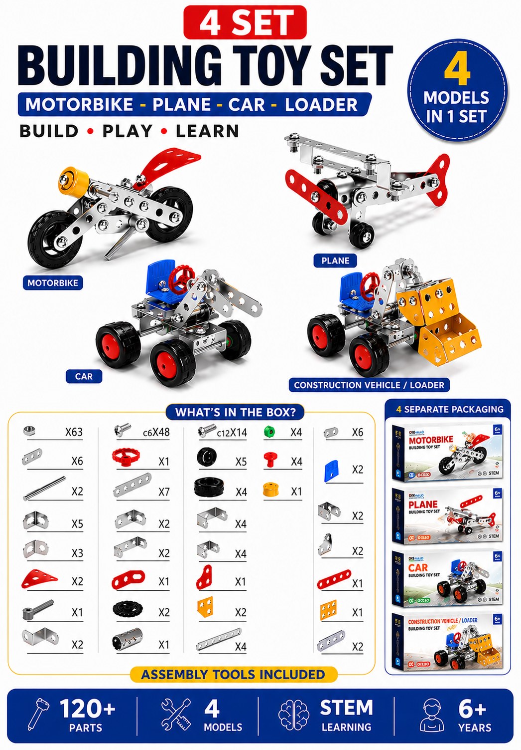 builder_1 SARAOONT Metal Construction Toy Set 4 in 1 – Build a Motorbike, Plane, Car and Loader, 120+ Parts with Screwdriver and Spanne