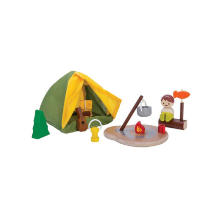 PlanToys Camping Set – Pretend Play Set with Tent, Camper, Lantern, Sleeping Bag and Campfire, Ages 3+