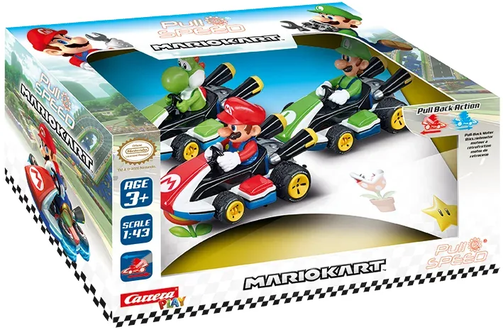 carrera-13010-1-1.webp Carrera Pull&Speed Mario Kart Triple Pack 1:43 Pull-Back Toy Cars with Mario, Luigi and Yoshi Karts Ages 3+