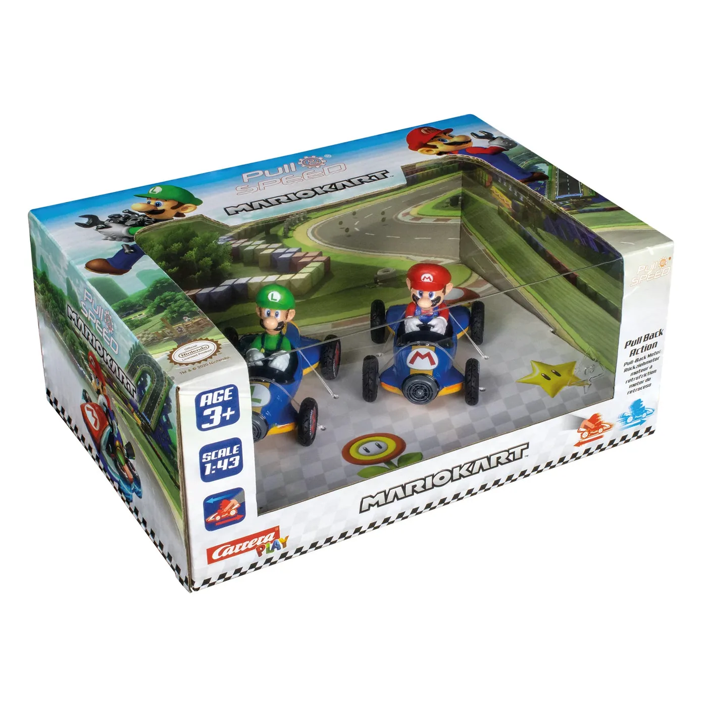 carrera-13018-1.webp Carrera Pull&Speed Mario Kart Mach8 Twin Pack 1:43 Pull-Back Toy Cars with Mario and Luigi Ages 3+
