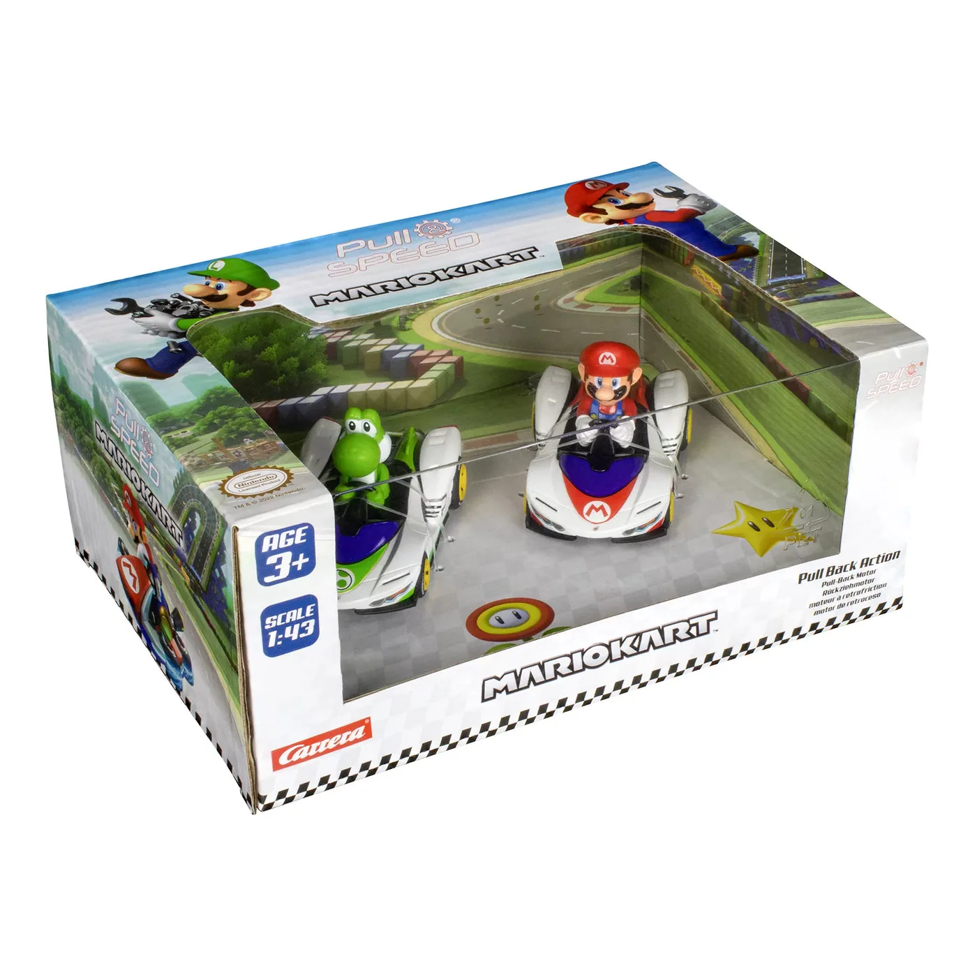 carrera-13022-1.webp Carrera Pull&Speed Mario Kart P-Wing Twin Pack 1:43 Pull-Back Cars with Mario and Yoshi Ages 3+
