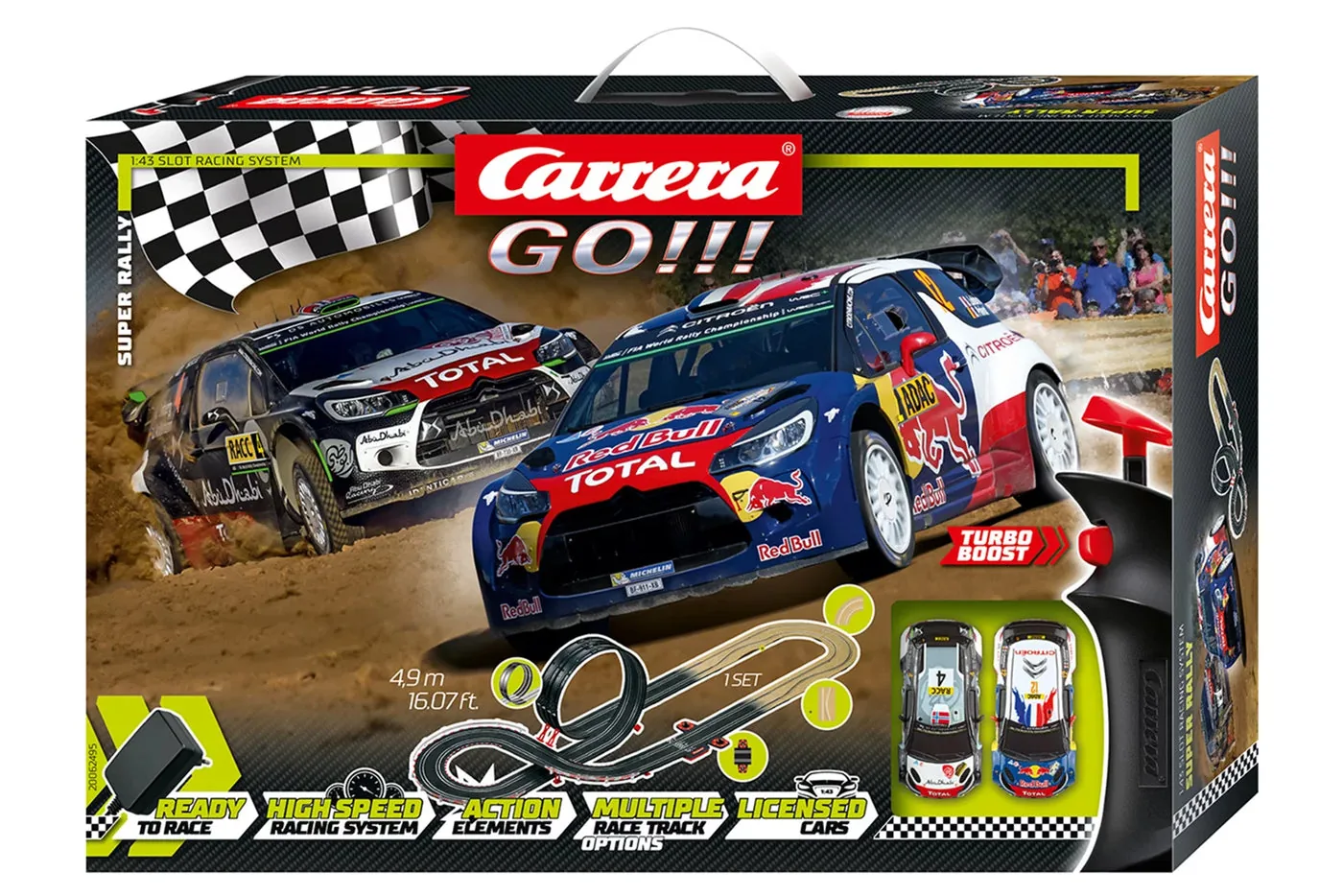 carrera-62495-1-1.webp Carrera GO!!! Super Rally Slot Car Set, Track Length 4.9 m, Scale 1:43, Two Citroën DS3 WRC Cars, Red Bull Design and Black, Kids Ages 6+