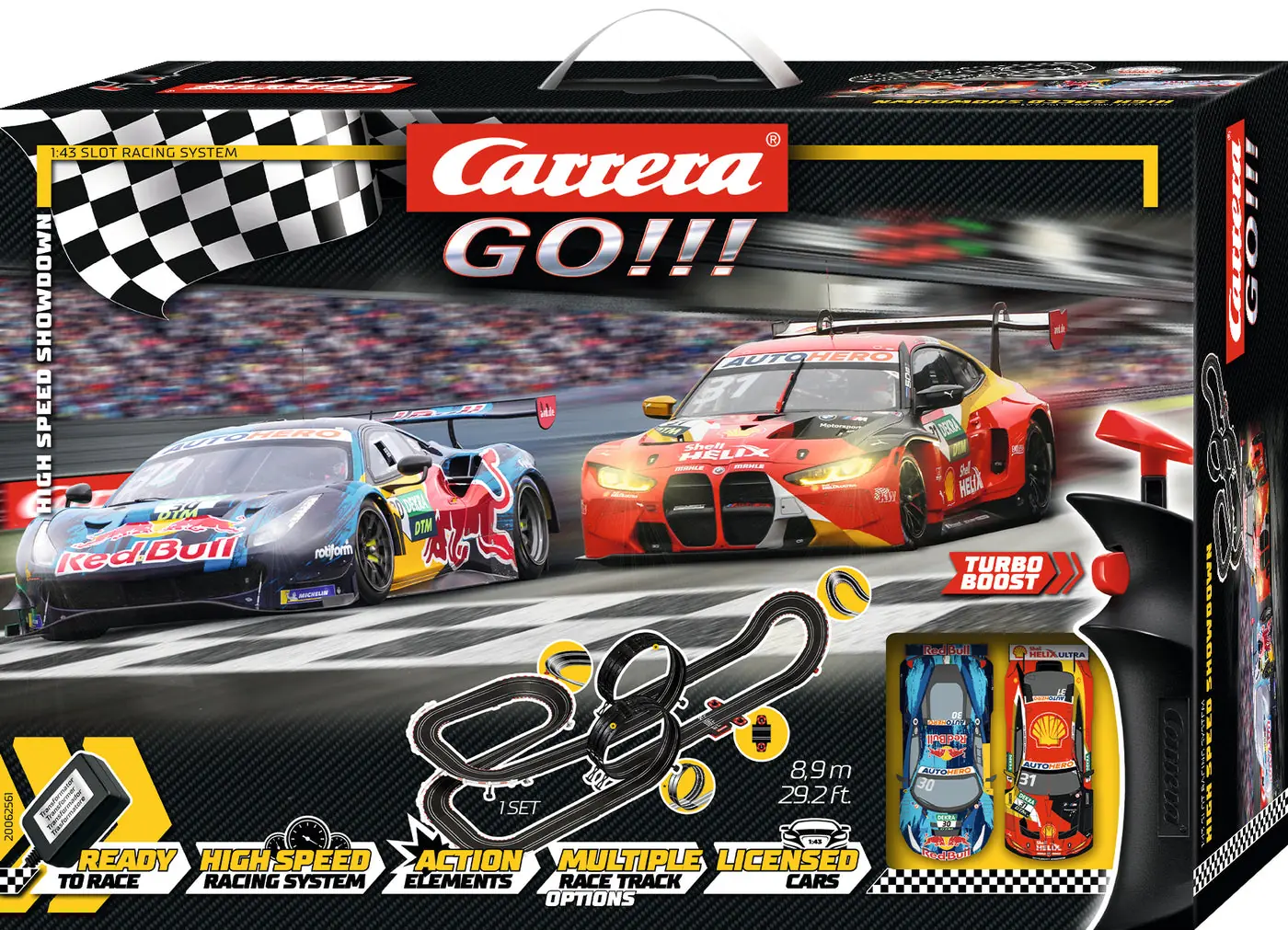 carrera-62561-1.webp Carrera GO!!! DTM High Speed Showdown Slot Car Racing Set with BMW M4 GT3 and Ferrari 488 GT3, Track Length 8.9 m, for Kids Ages 6+