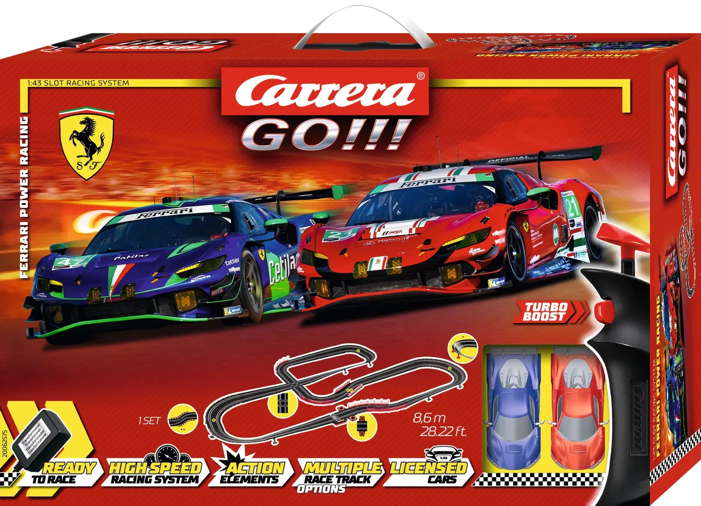 carrera-62575-1.webp Carrera GO!!! Ferrari Power Racing Slot Car Racing Set with Two Ferrari 296 GT3 Cars, Track Length 8.6 m, for Kids Ages 6+