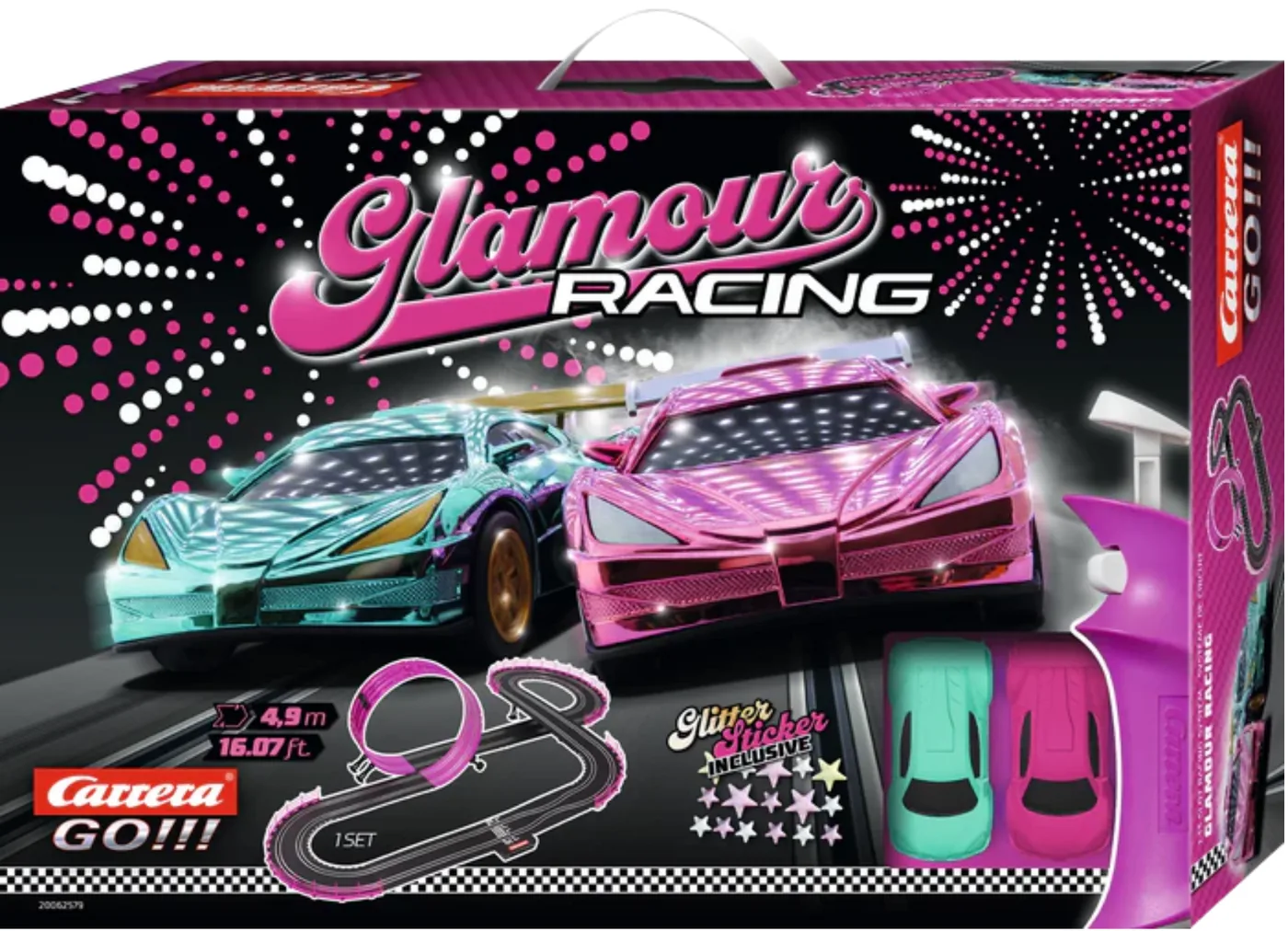carrera-62579-1.webp Carrera GO!!! Glamour Racing Slot Car Racing Set with Metallic Pink and Turquoise GT Cars, Track Length 4.9 m, for Kids Ages 6+