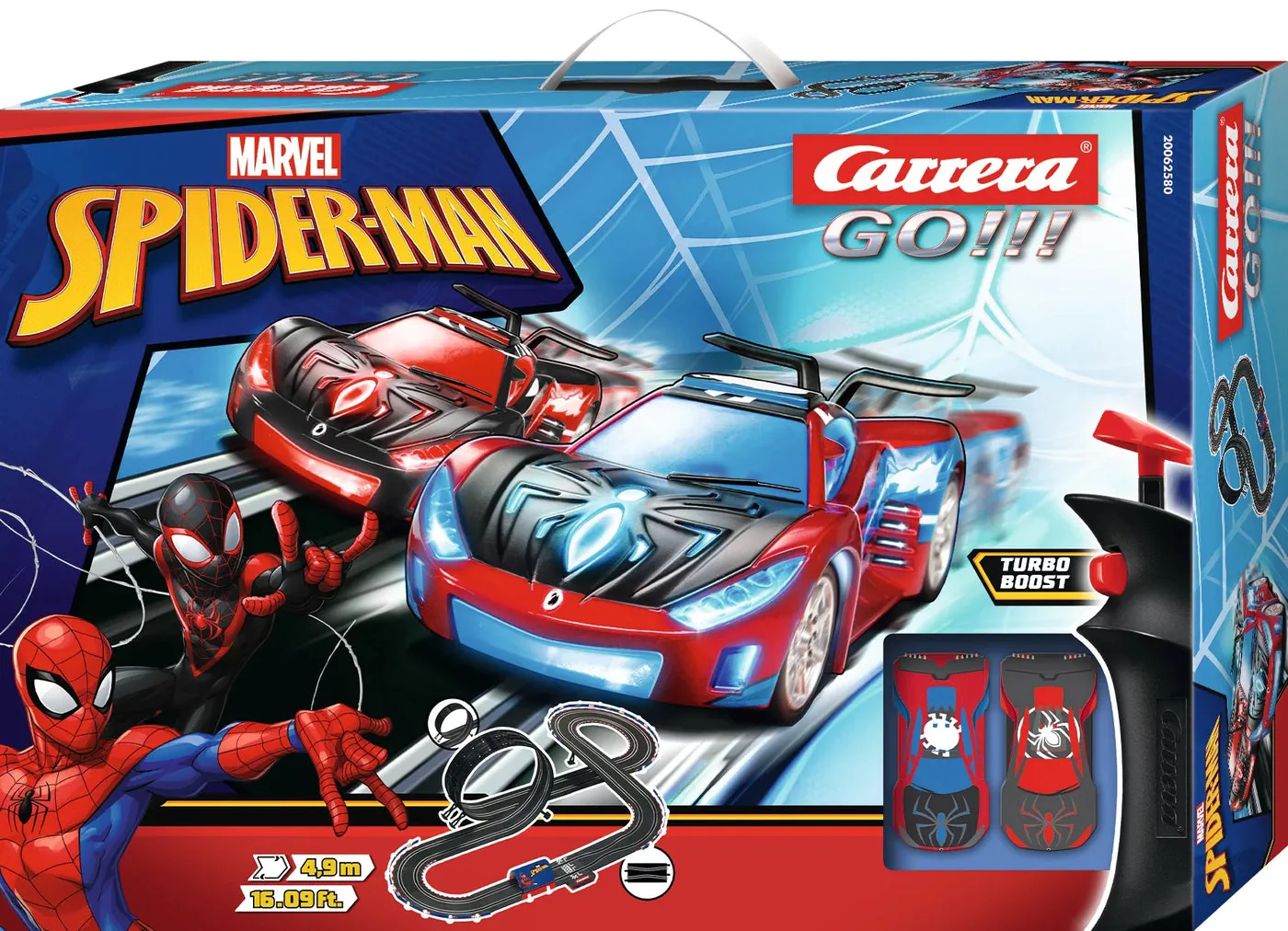 carrera-62580-1.webp Carrera GO!!! Spider Racing Slot Car Set with Spider-Man, Track Length 4.9 m, Scale 1:43, Looping and Turbo Controllers, Ages 6+