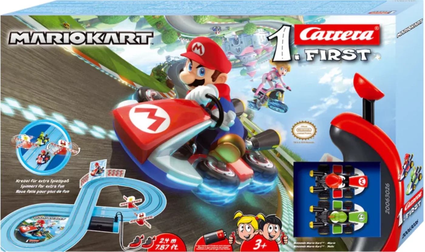 carrera-63026-1.webp Carrera FIRST Nintendo Mario First Year Racing Set with Mario and Yoshi Cars, Track Length 2.4 m, for Kids Ages 3+