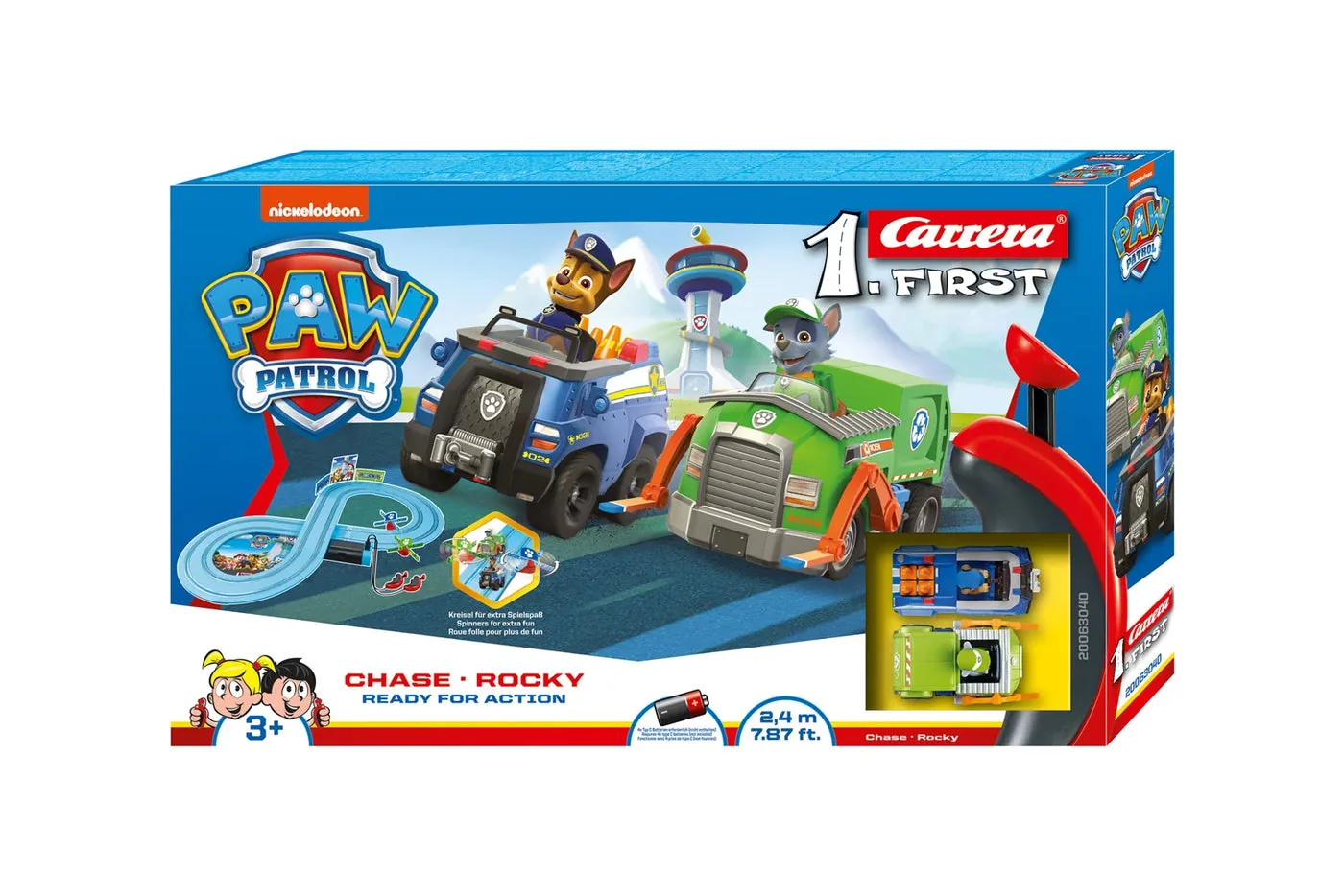 carrera-63040-1.webp Carrera Paw Patrol Chase vs Rocky Racing Set with Police Car and Recycling Truck, Track Length 2.4 m, Scale 1:50, Ages 3+