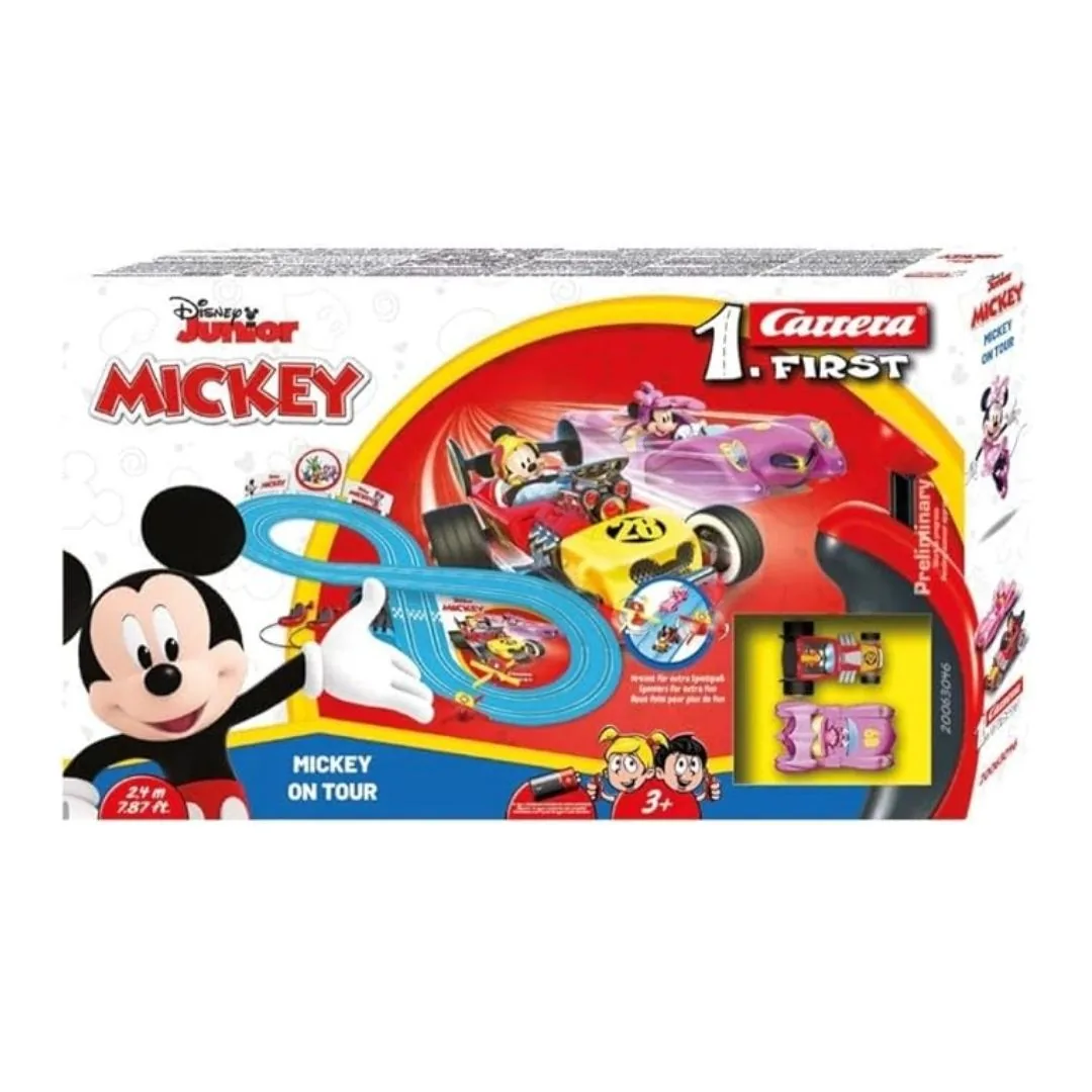 carrera-63046-1.webp Carrera FIRST Mickey on Tour Racing Set with Mickey Mouse and Donald Duck, Track Length 2.4 m for Kids Ages 3+
