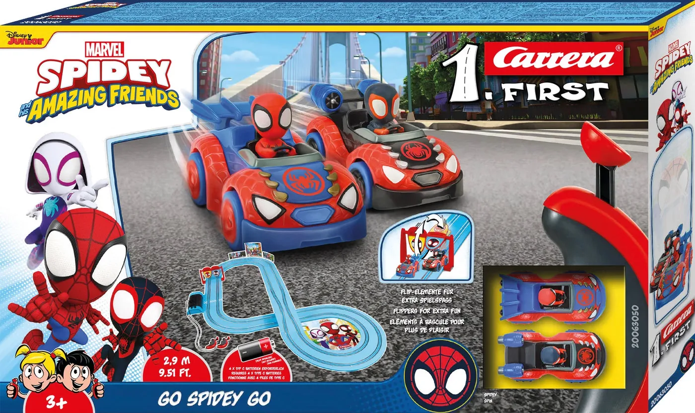 carrera-63050-1.webp Carrera FIRST Spidey Go Webs Go Battery-Powered Racing Set, Track Length 2.9 m, 1:50 Scale for Kids Ages 3+