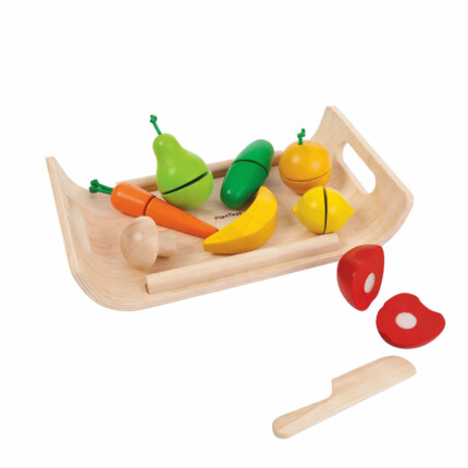 PlanToys Assorted Fruit and Vegetable – Wooden Pretend Play Food Set with Velcro Pieces for Kids Ages 3+