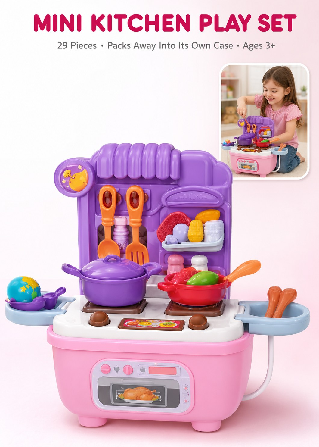 kitchen29_1 SARAOONT 29 Piece Mini Kitchen Playset for Kids – Pink Pretend Cooking Toy Set with Pots, Utensils, Play Food and Carry Case,