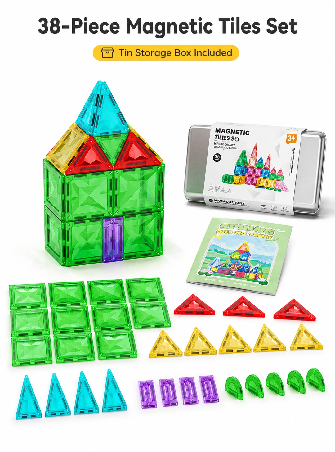 magnetic38_1 SARAOONT 38 Piece Magnetic Tiles Building Set for Kids – Colourful 3D Magnetic Blocks with Idea Book and Tin Storage Box, STE