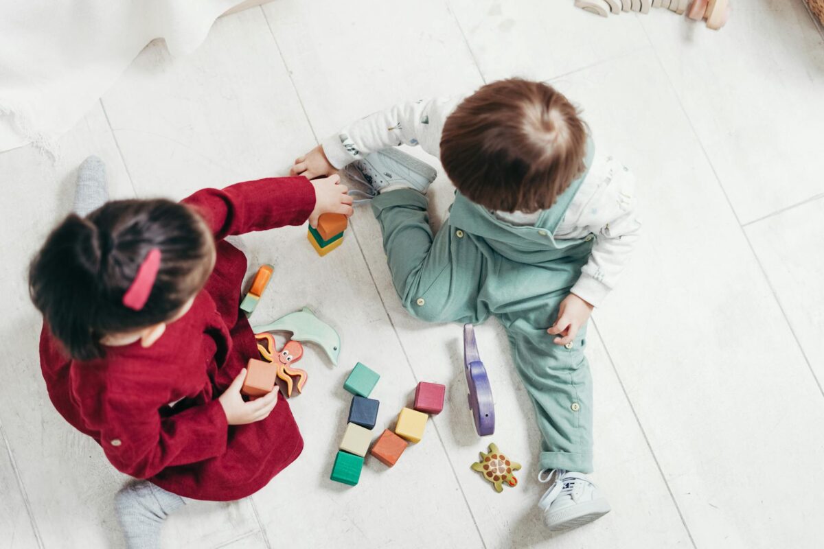 Two toddlers playing with wooden blocks on the floor