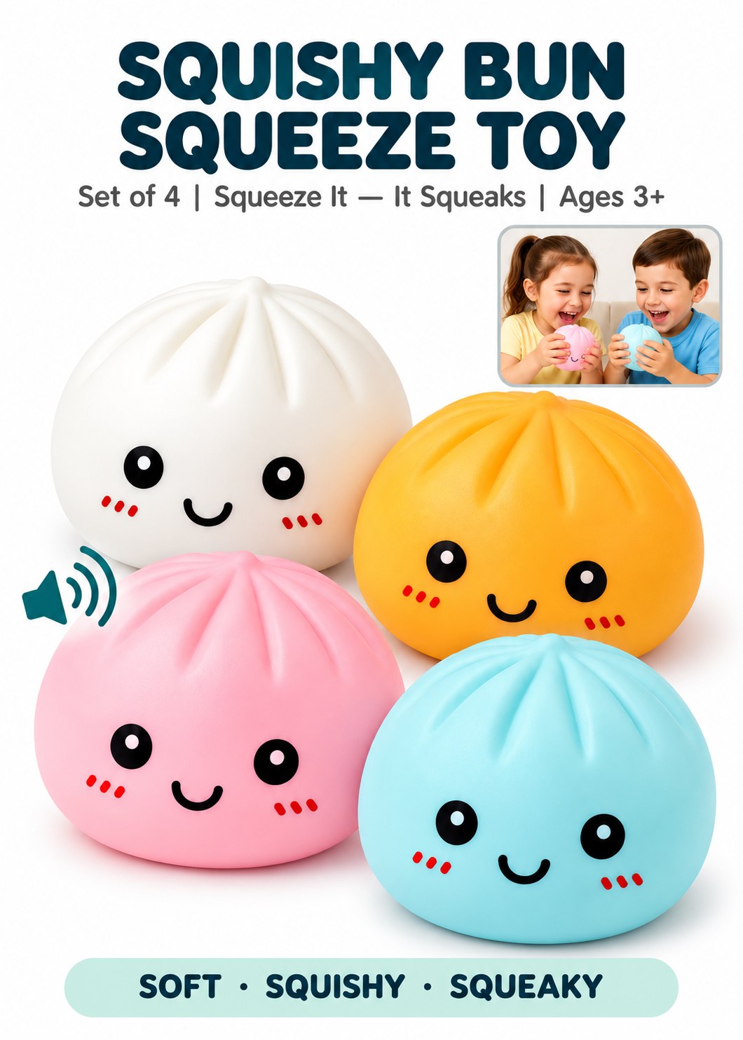squeeze_1 SARAOONT Squishy Bun Squeeze Toy Set of 4 – Soft Squeaky Steamed Bun Sensory Toys in White, Yellow, Pink and Blue, Ages 3+ -